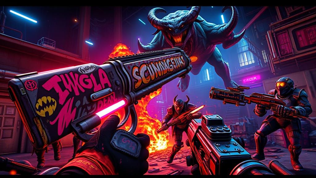 Post-Apocalyptic FPS Scene with Neon-Lit Weaponry