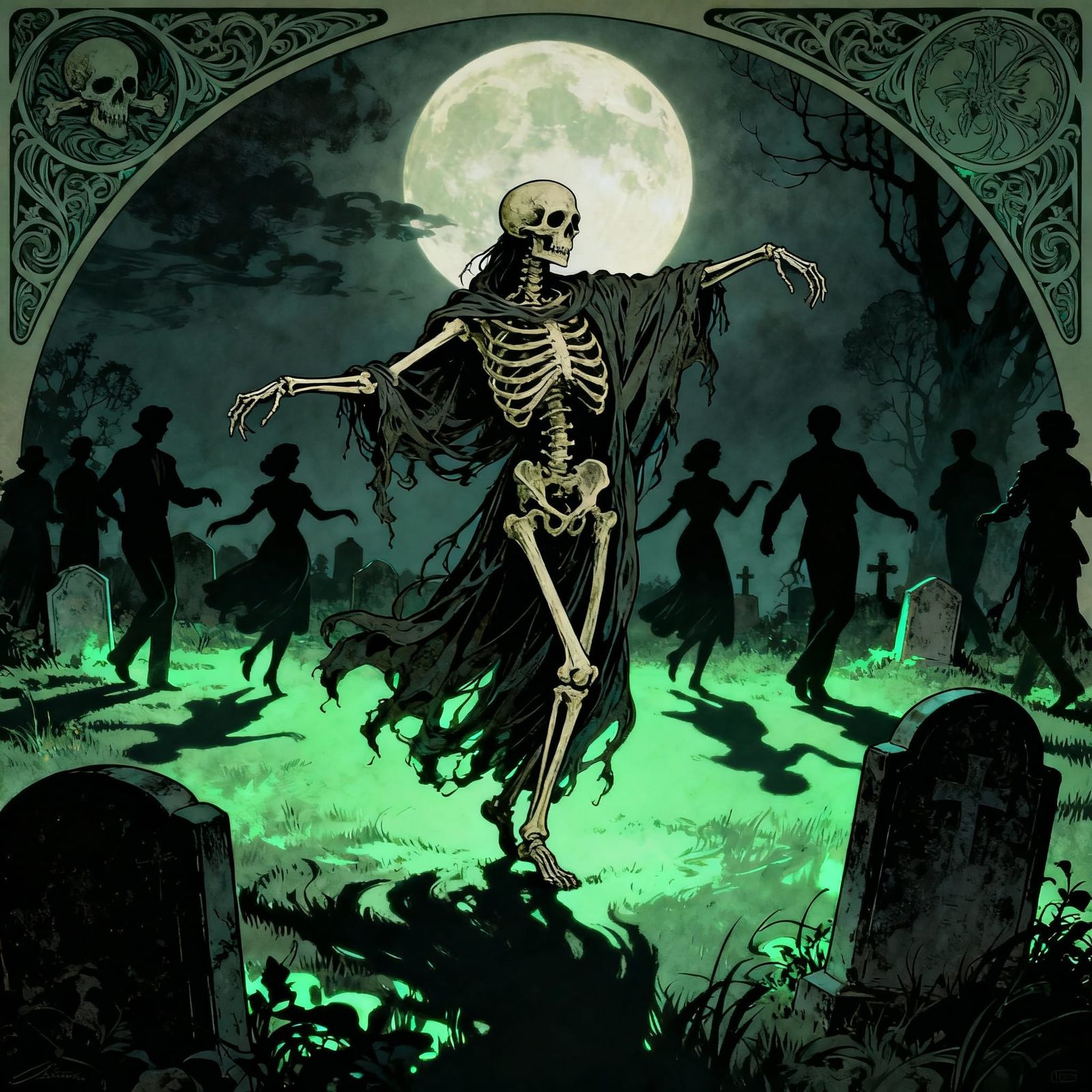 Skeletal Dancer in Moonlit Graveyard - Art Nouveau Style