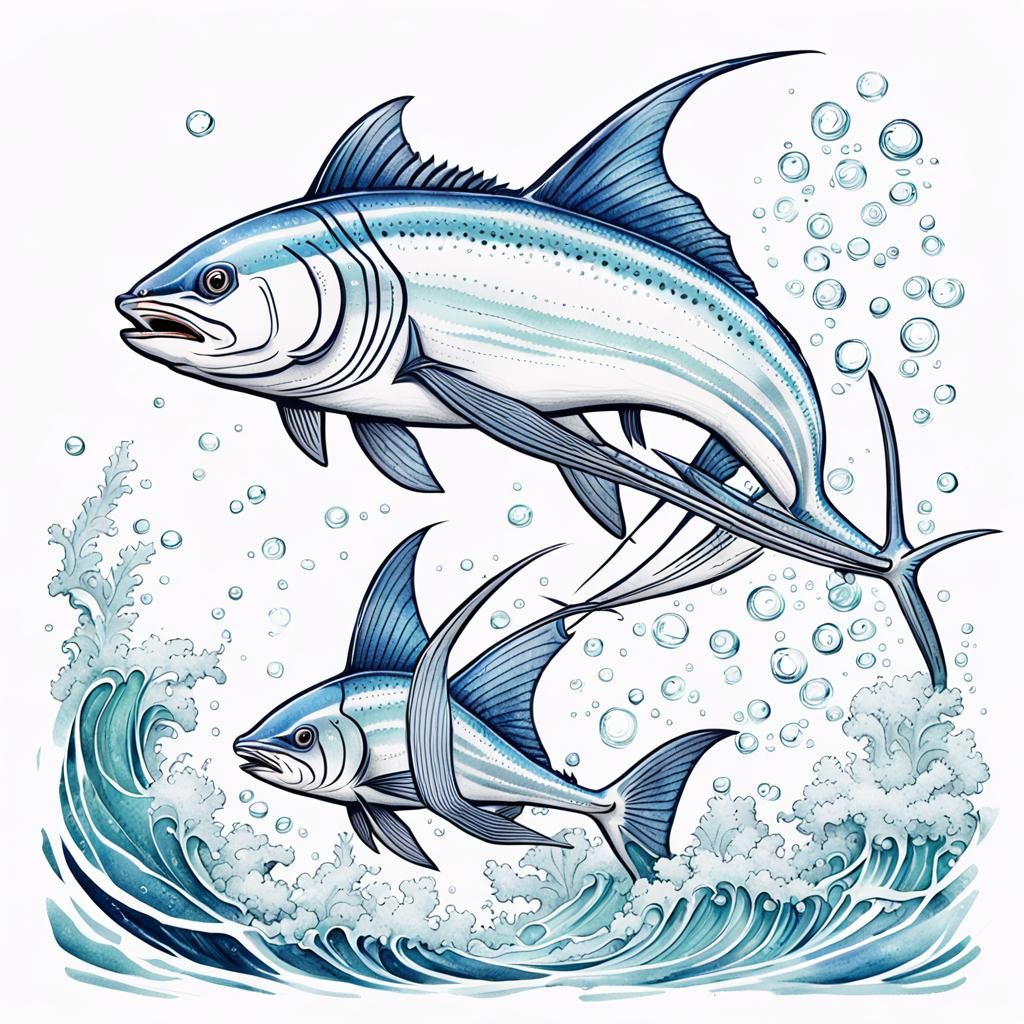 Swordfish Darts Through Ocean Tides in Vibrant Line Art