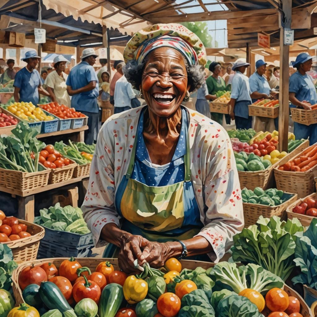 Laughing Lady Browsing Vegetables in Impressionist Gouache