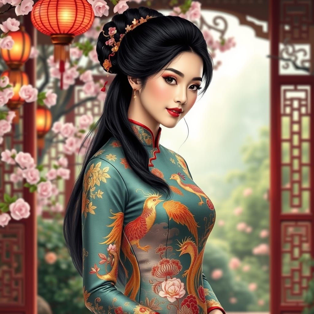 Elegant Chinese Noblewoman in Traditional Garden