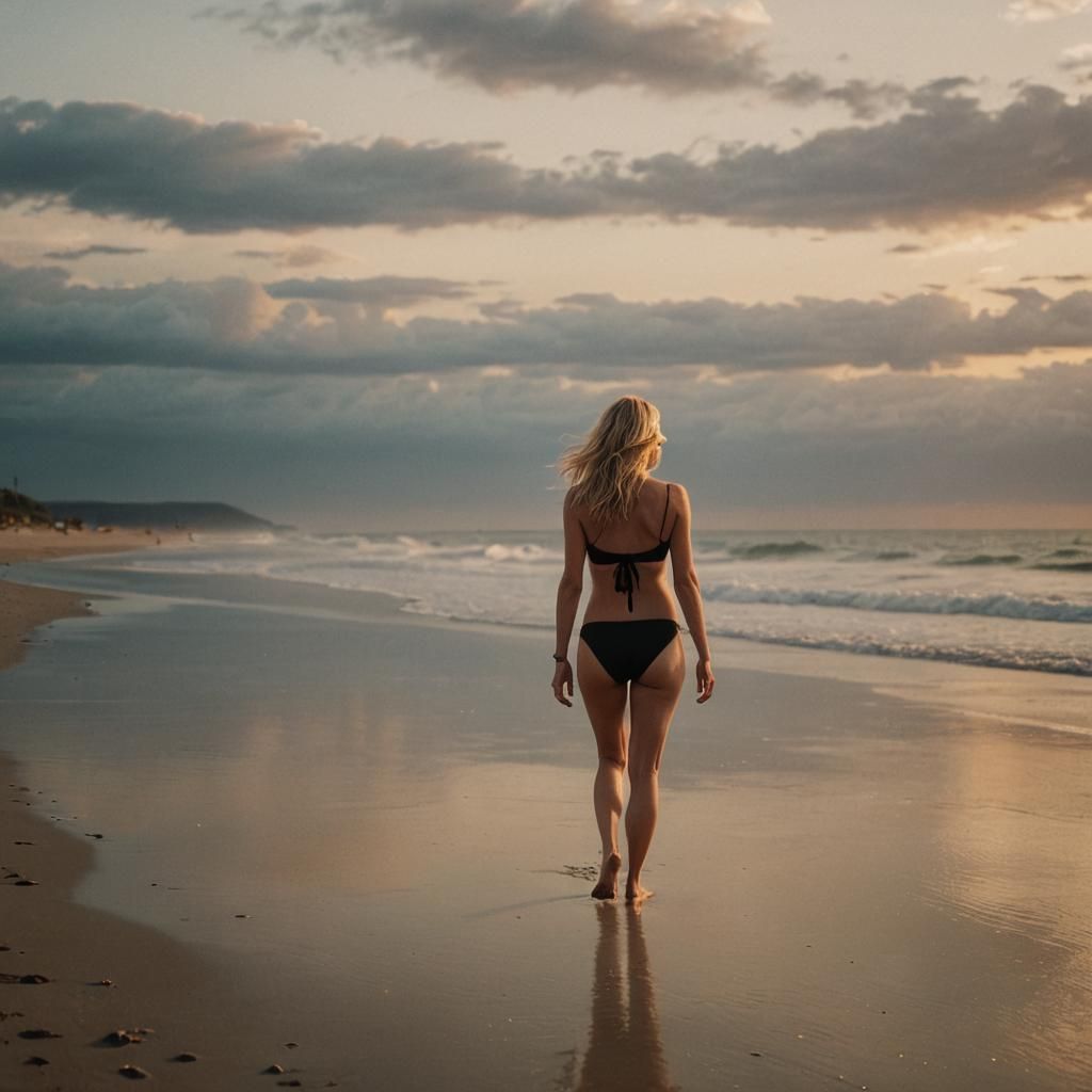 Blonde Woman on Beach in Golden Hour Lighting