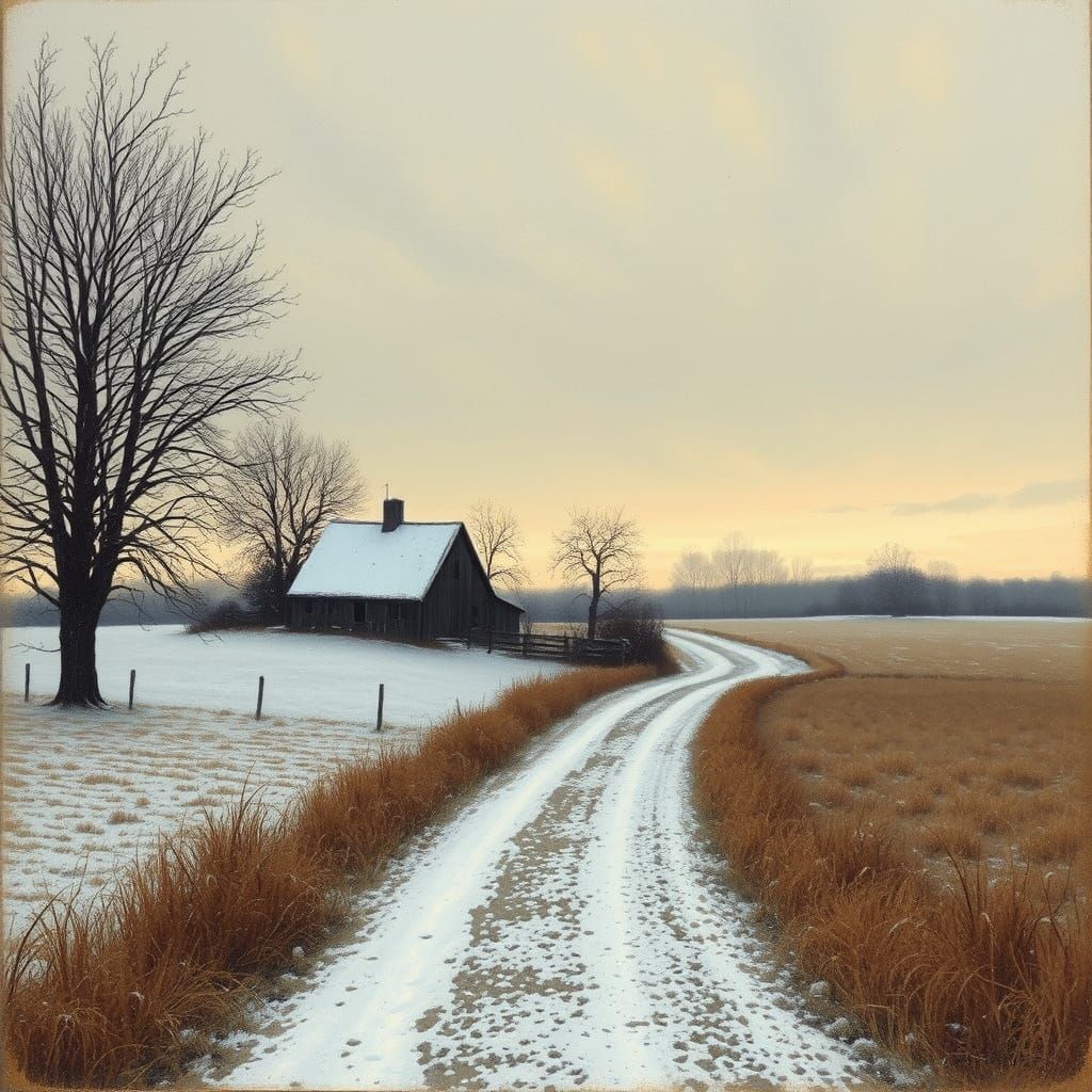 Snowy Farmhouse Landscape in Etching Style