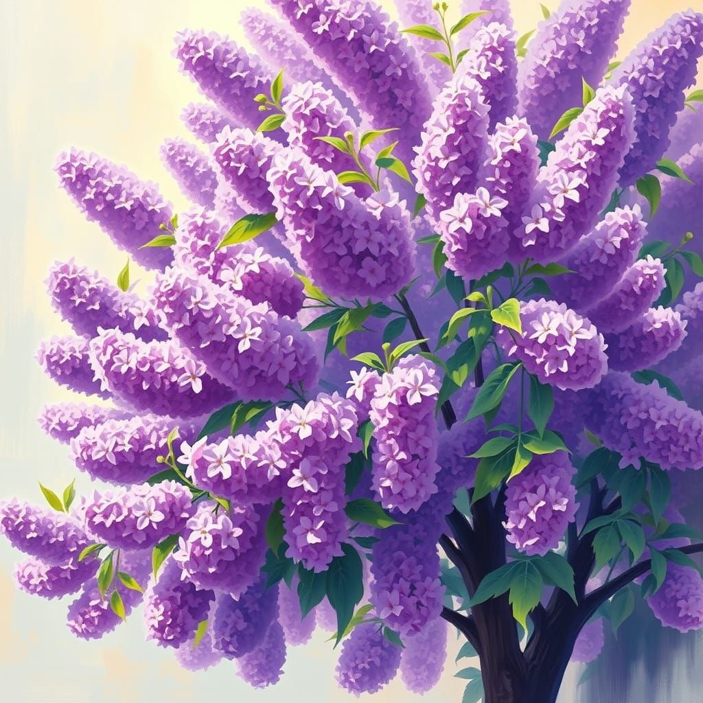 Lilac Tree in Vibrant Bloom, Impressionist Style