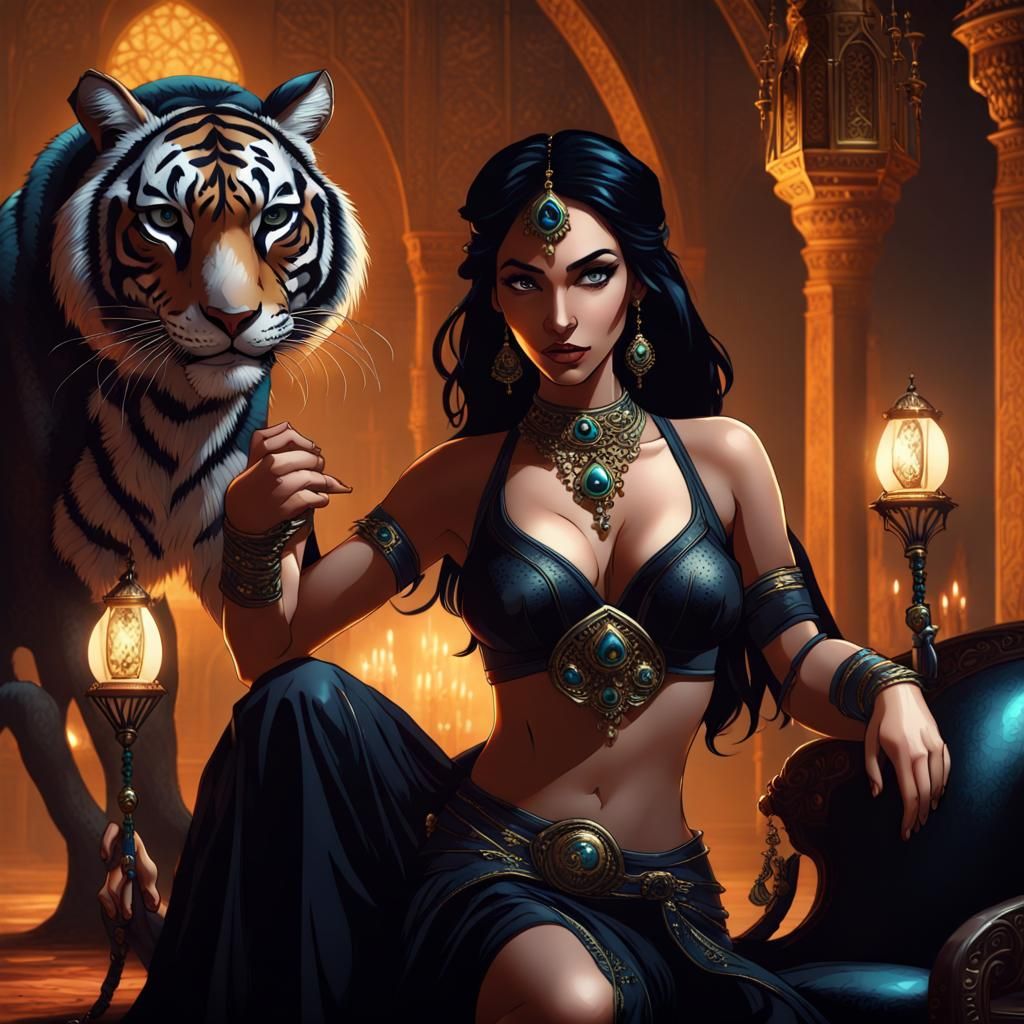 Gothic Arabian Princess with Tiger in Dark Fantasy Art