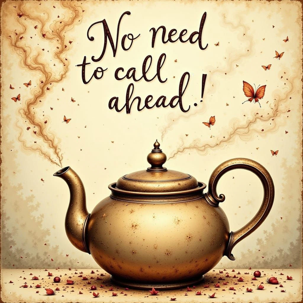 Steam Font Sign Over Blowing Tea Kettle in Art Gallery