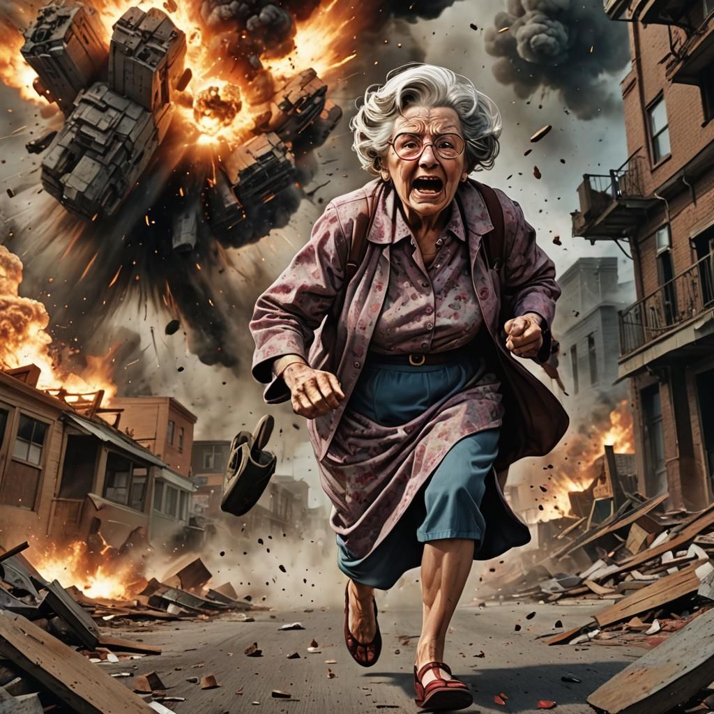 Terrified Grandma Running from Explosion in Comic Book Art