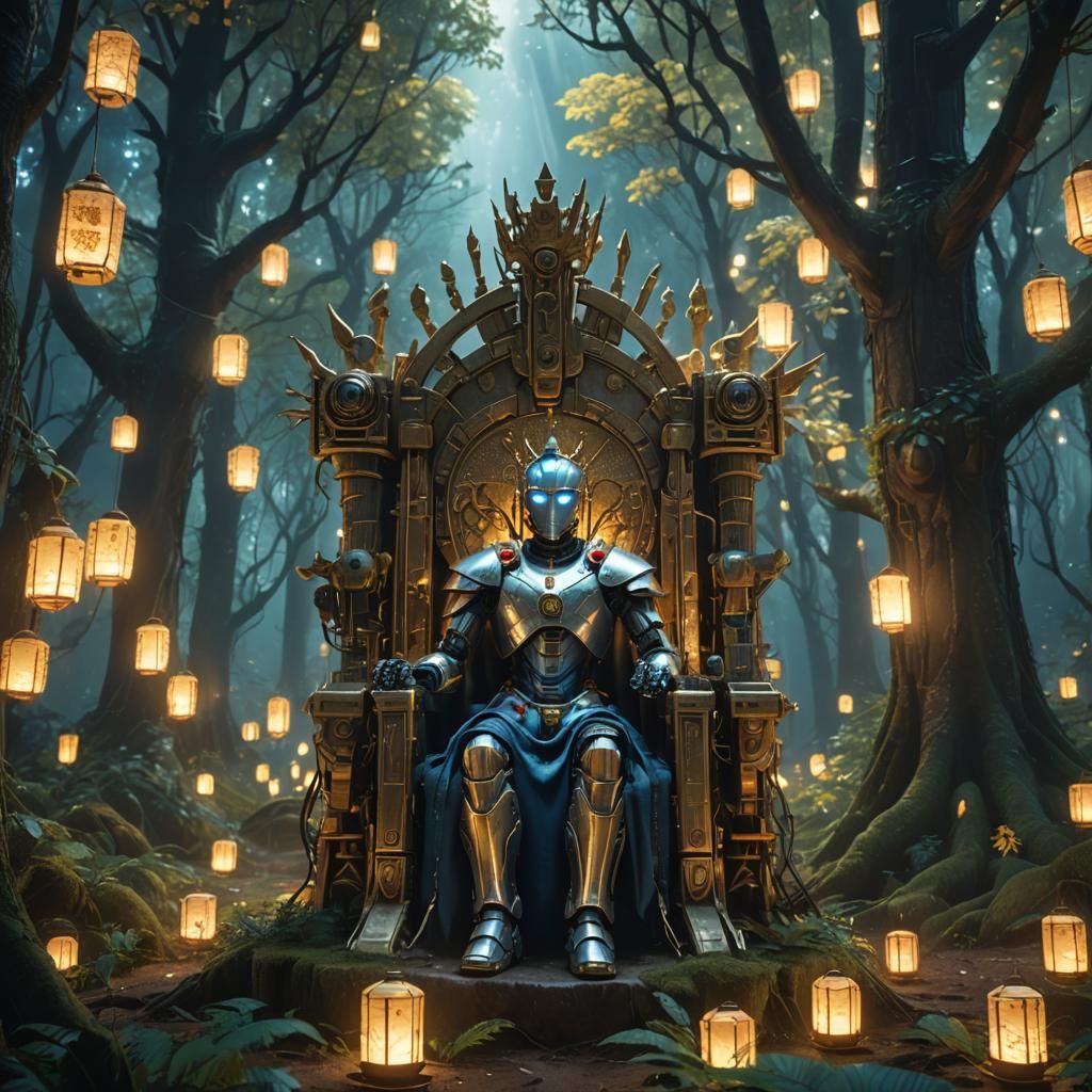 Robotic King in Mystical Forest, Art Nouveau Style