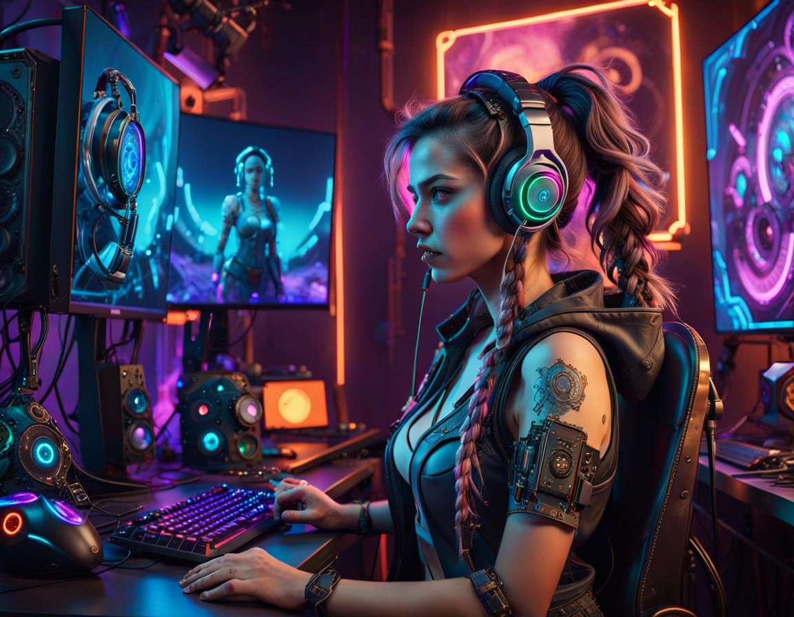 Steampunk Gaming PC Setup with Neon Lights