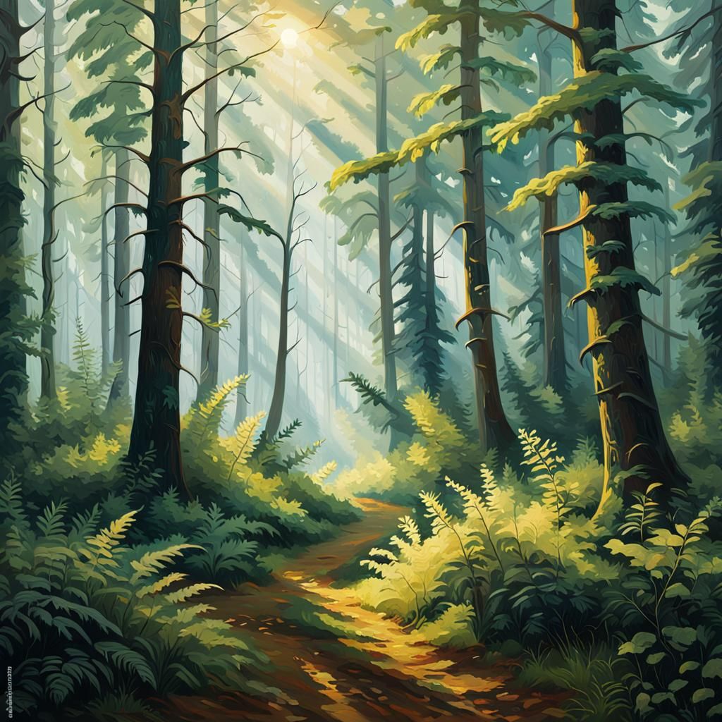 Lush Forest Oil Painting in Golden Hour