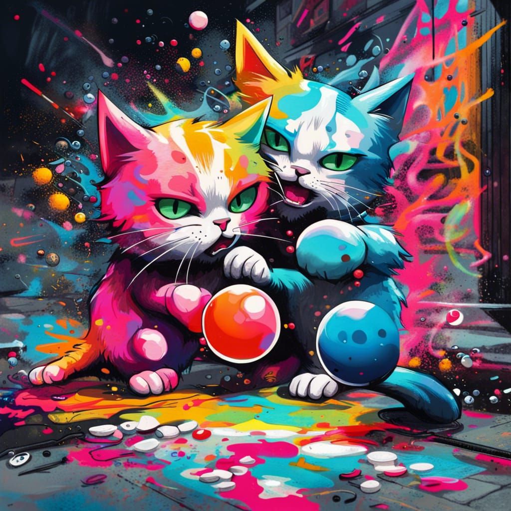 Cats Play Ping Pong in Graffiti Street Art