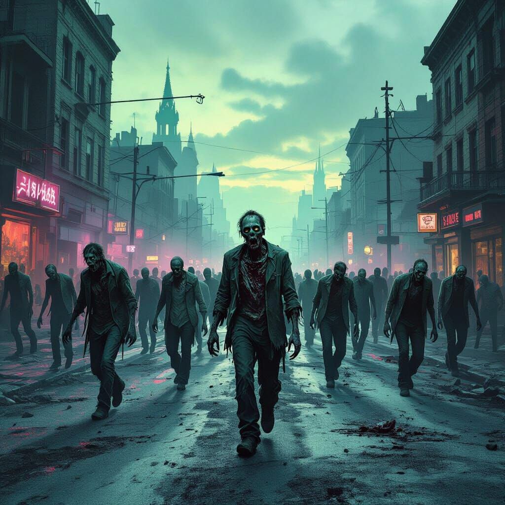 Undead Horde in Desolate City Street at Dusk