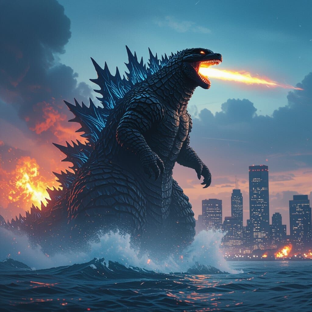 Godzilla Emerges From Ocean With Atomic Breath