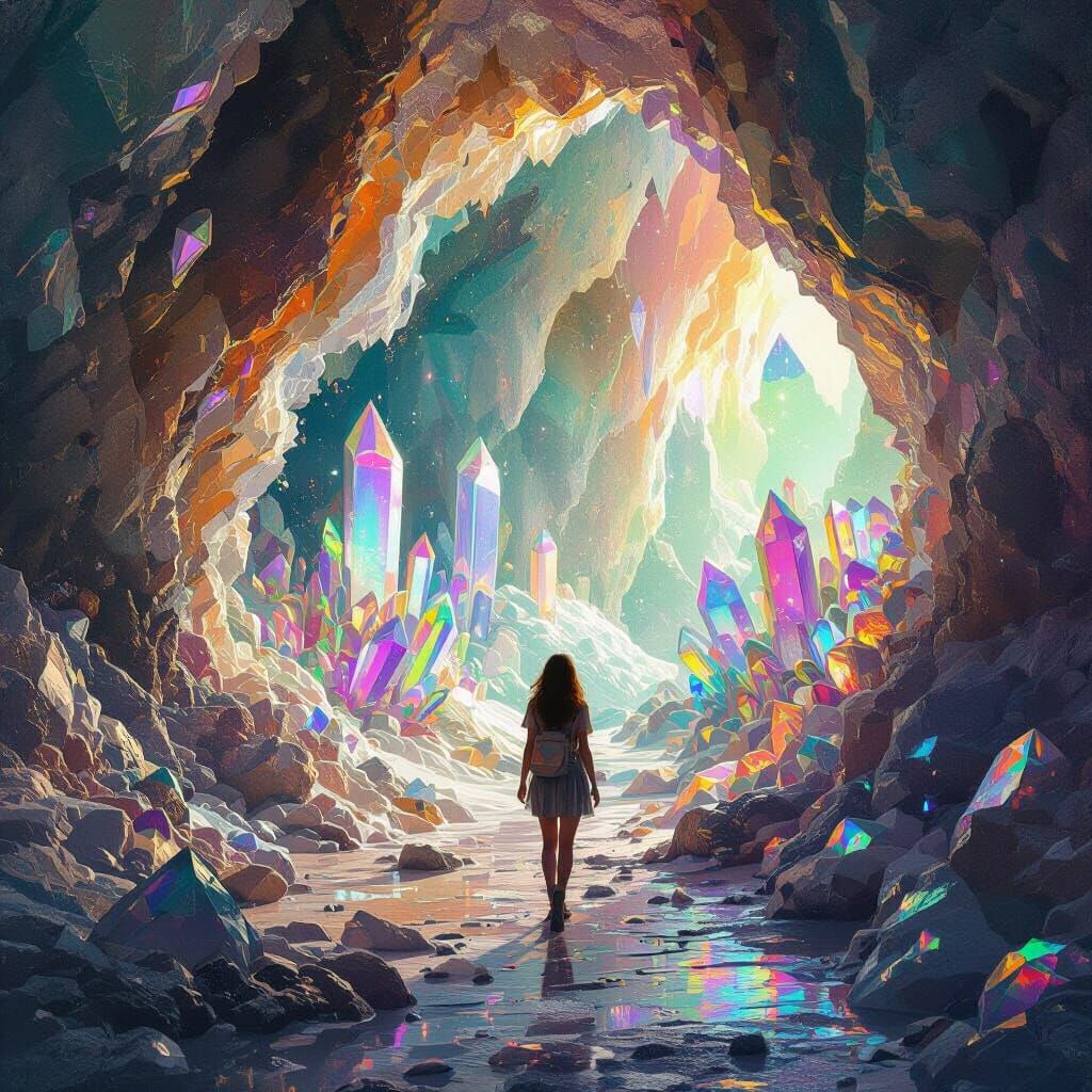 Woman Explores Vibrant Geode World with Crystalline Formatio...