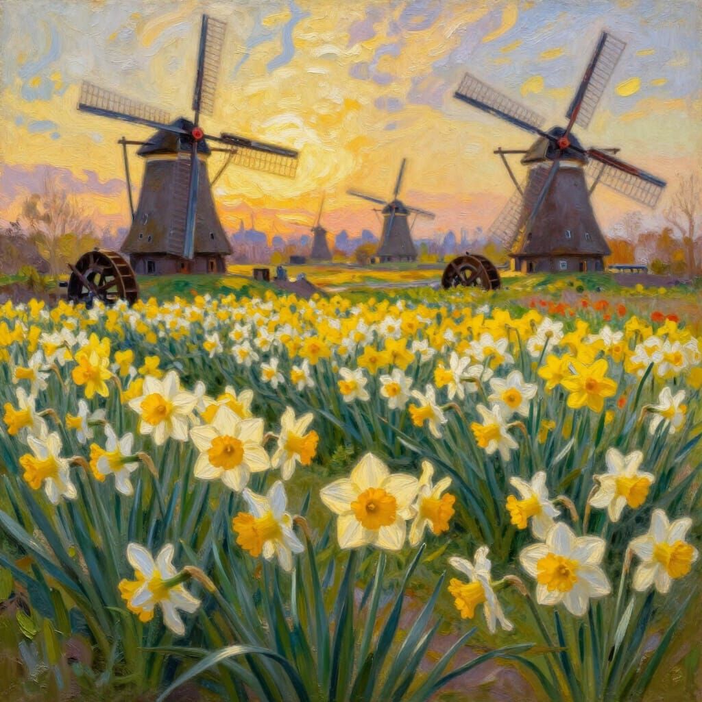 Vibrant Daffodil Field with Windmills in Golden Hour Light