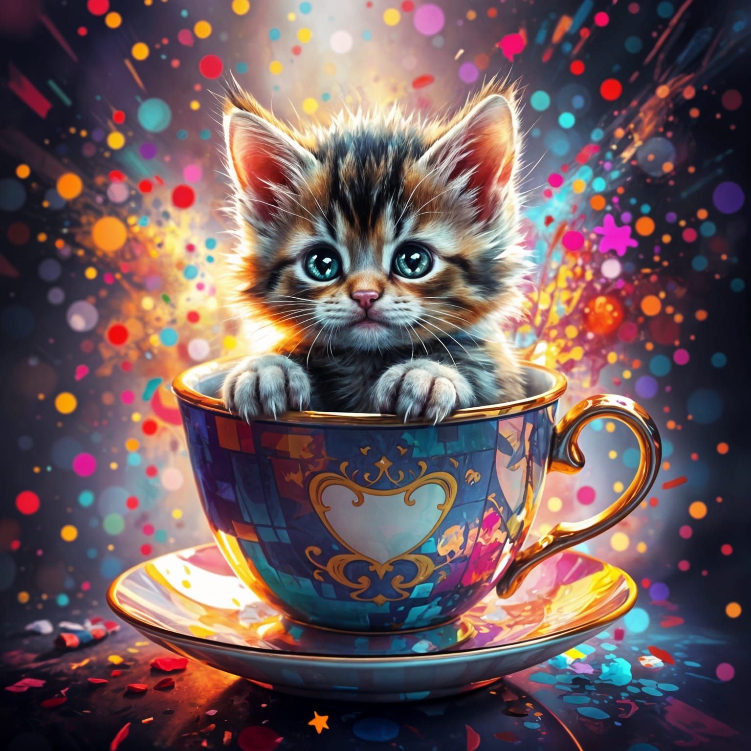 Kitten in Teacup: Colorful Digital Illustration