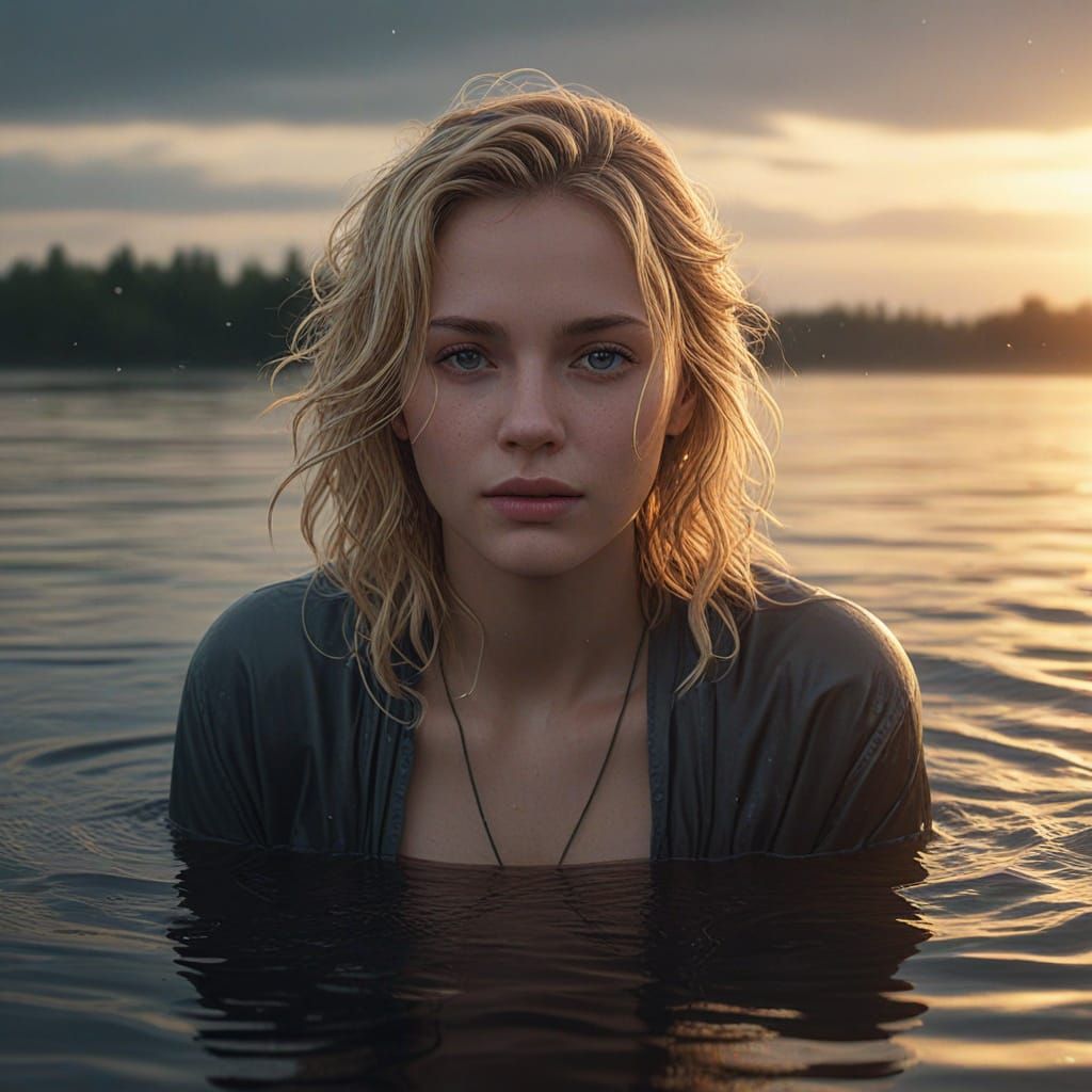 Serenely Seated Woman in Photorealistic Water Scene