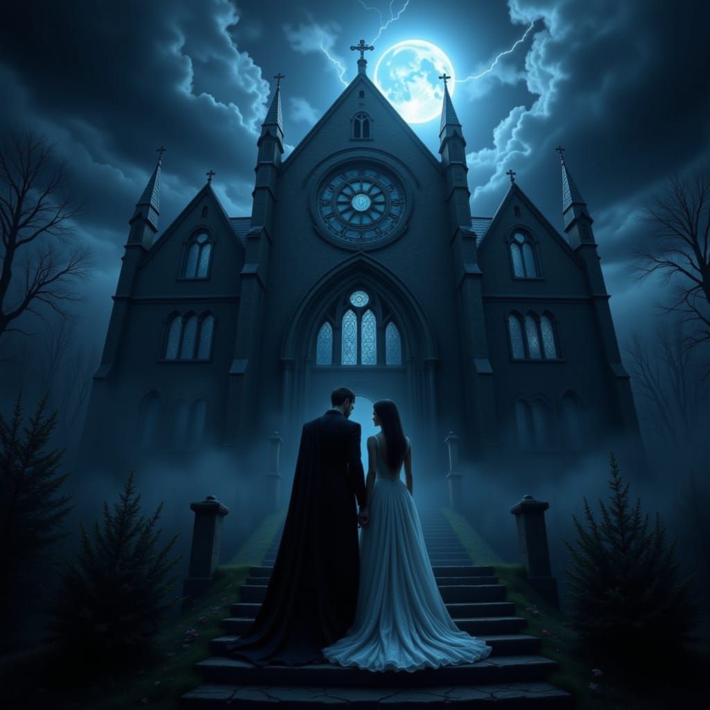 Ethereal Gothic Vampires Amidst a Thunderous Storm