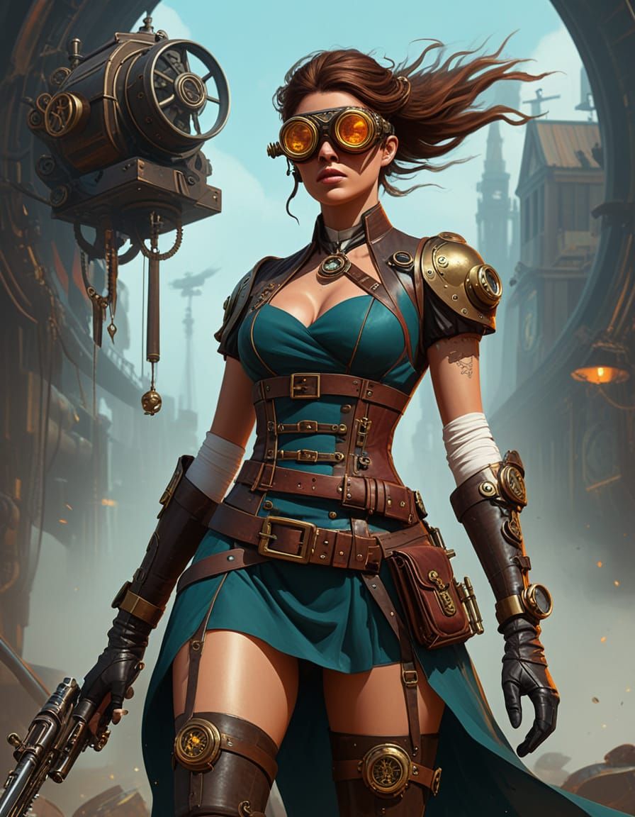 Steampunk Battle Girl in Dramatic Motion