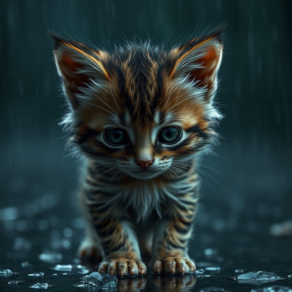 Sorrowful Kitten in Rain: Cinematic Realism