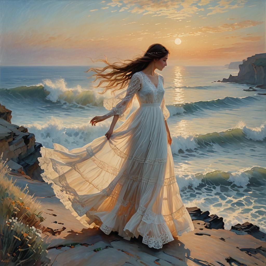 Woman in White Dress at Sunset, Impressionism