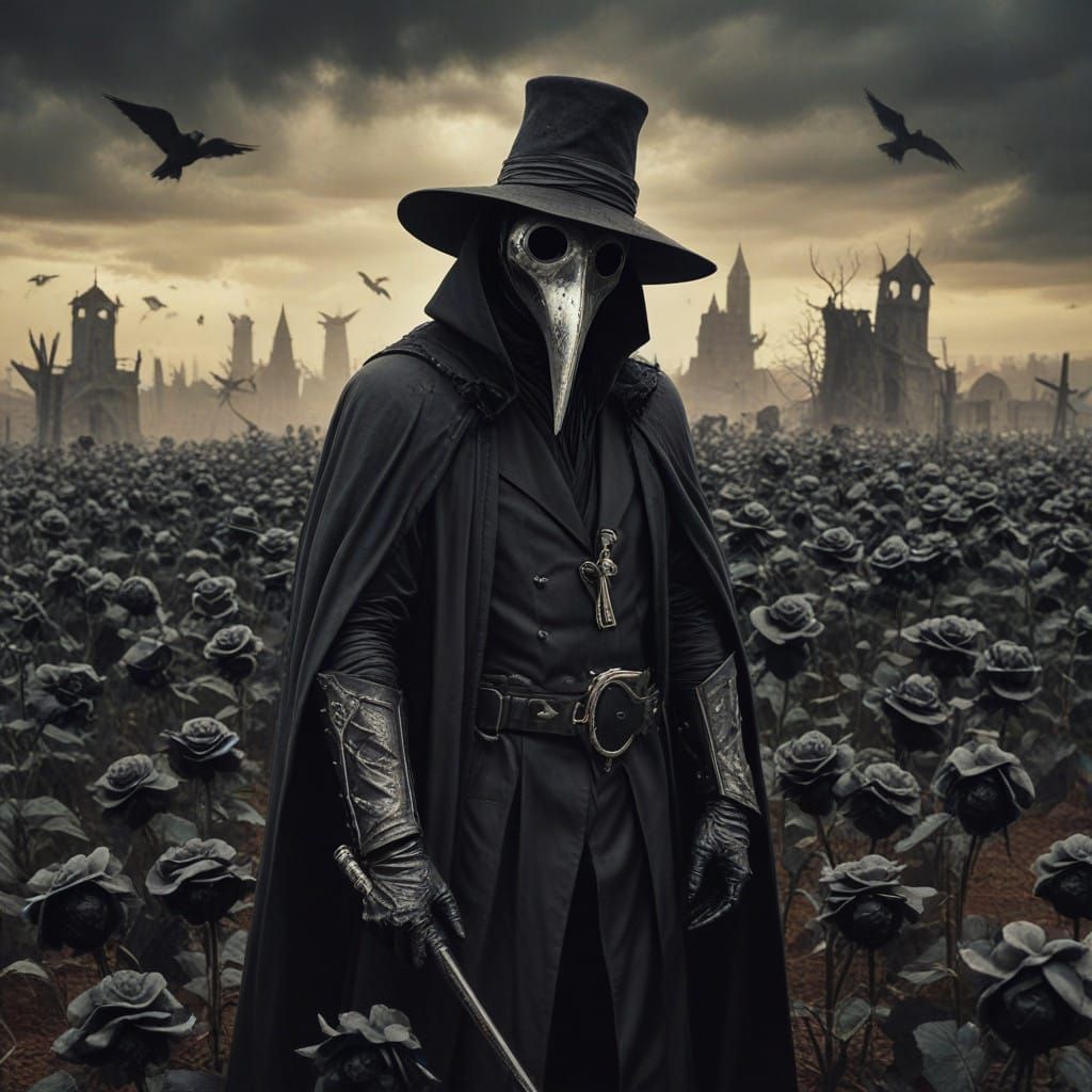 Supreme Plague Doctor in a Fiery Apocalypse with Black Roses