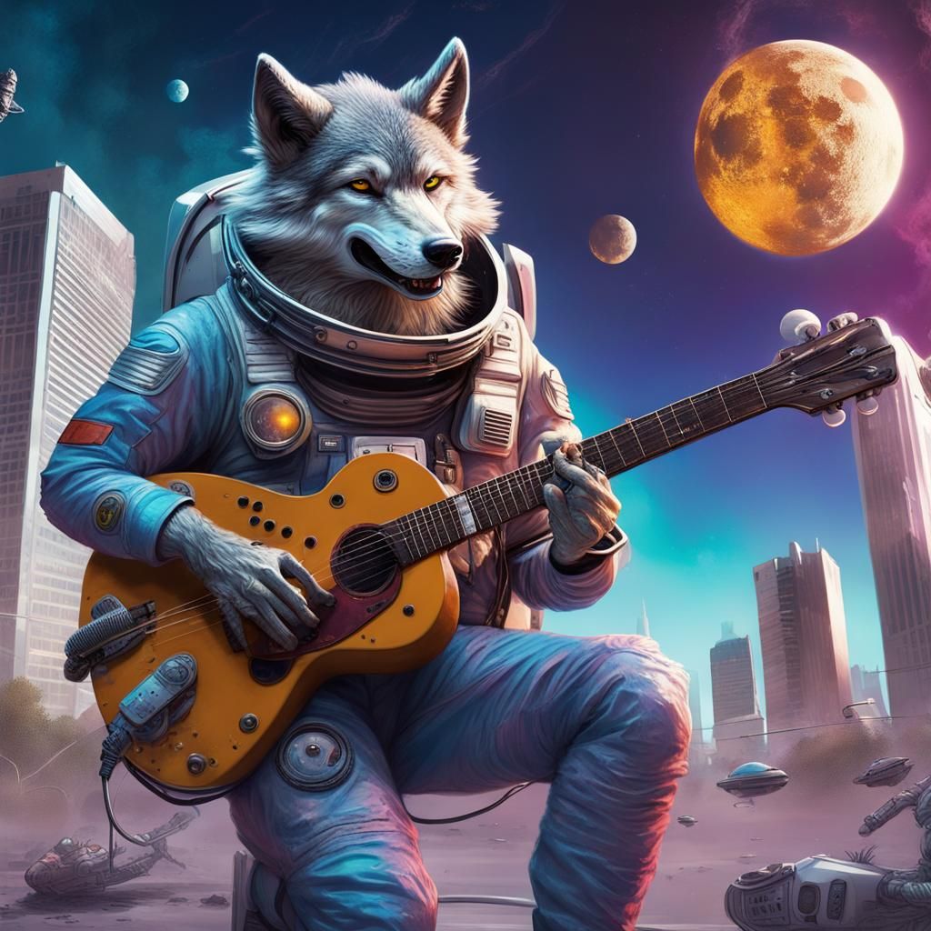 Wolf Astronaut Plays Guitar for Aliens on Moon
