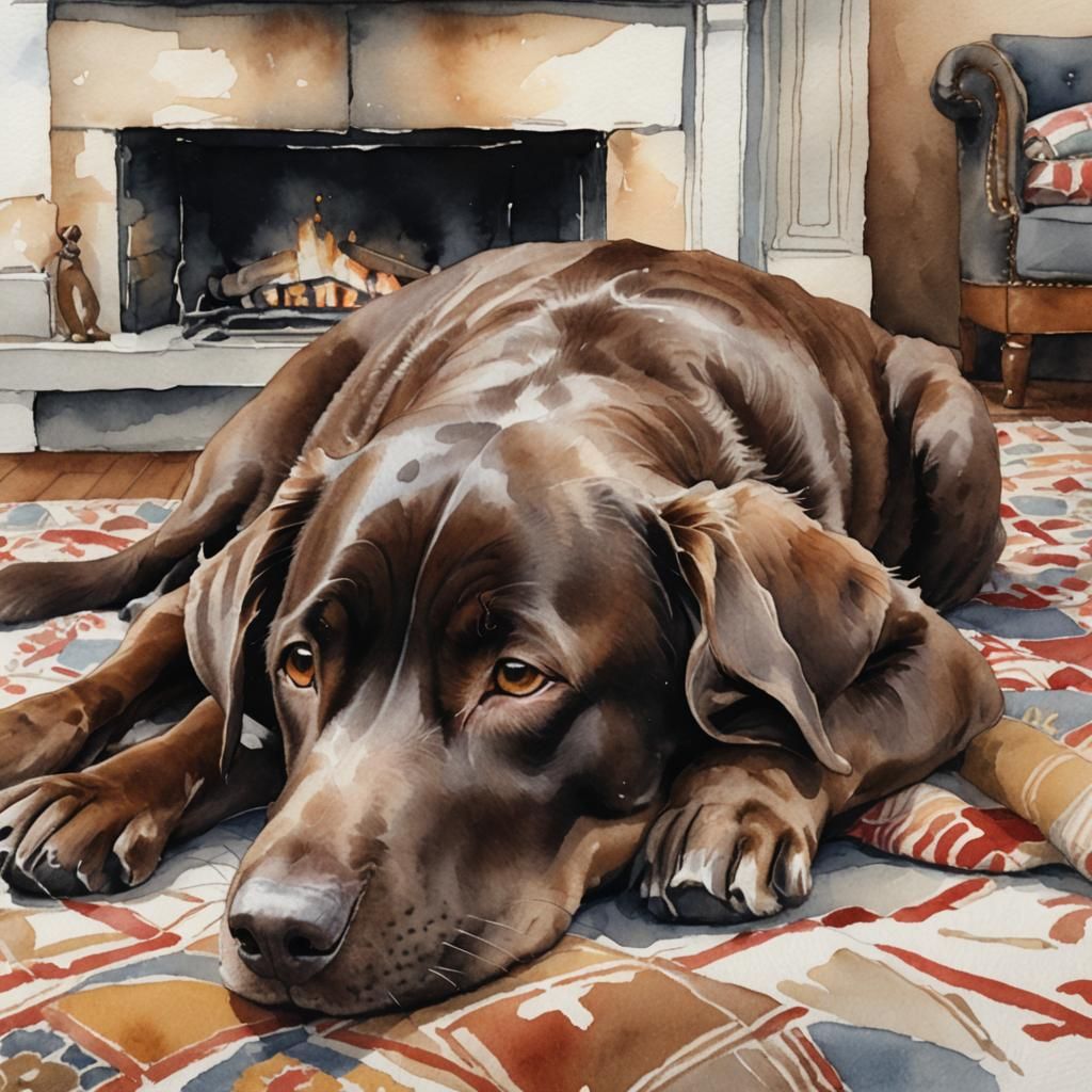 Chocolate Lab Sleeping: Watercolor Sketch in Dreamy Style