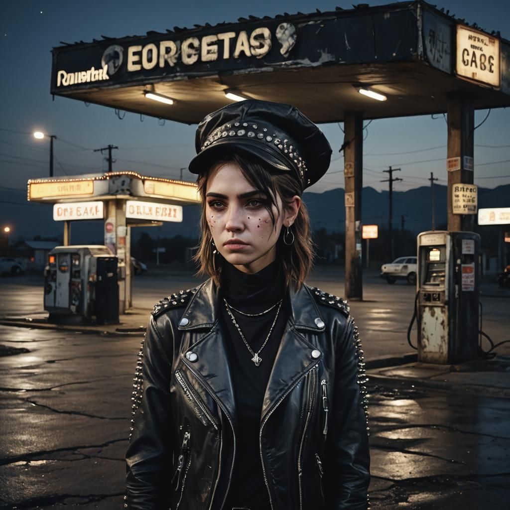 Cyberpunk Woman at Gas Station in Dystopian Style
