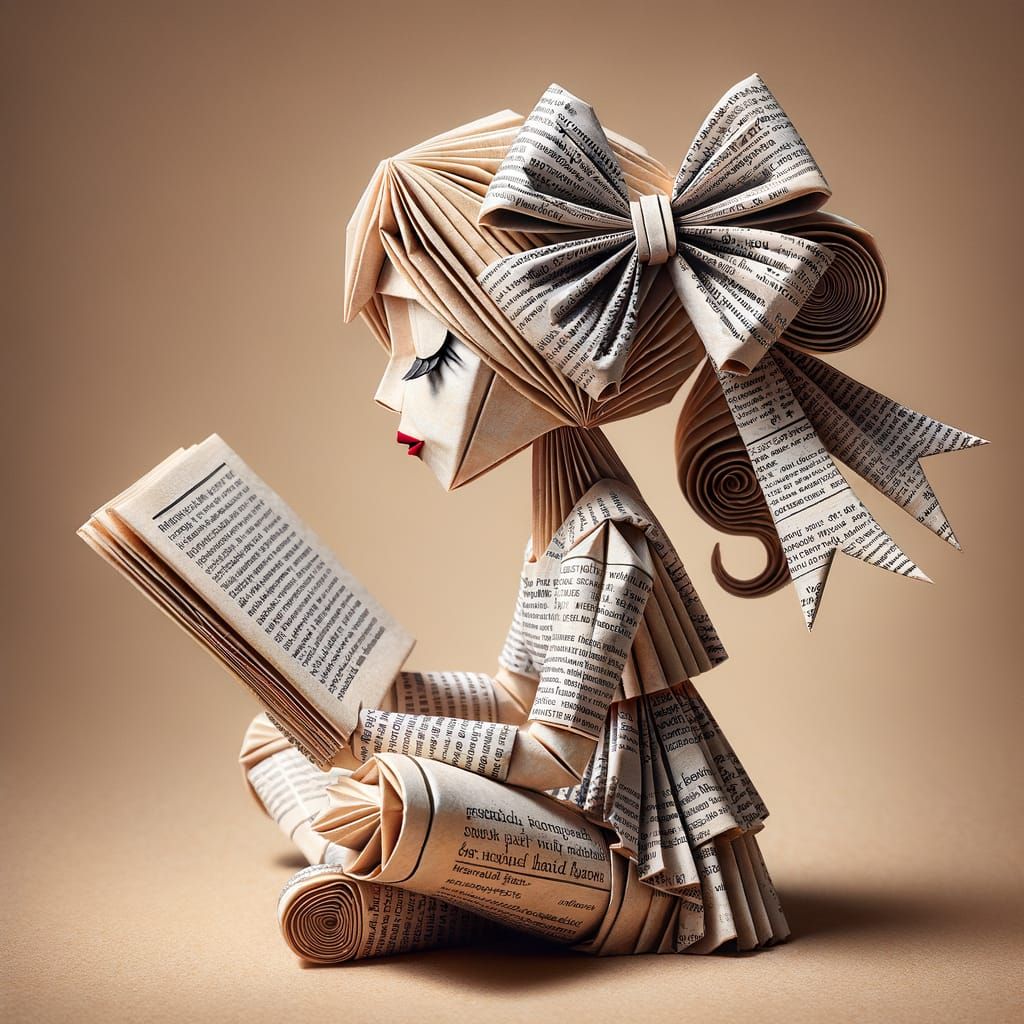 Origami Girl Sculpture Reading Book Made of Newspaper