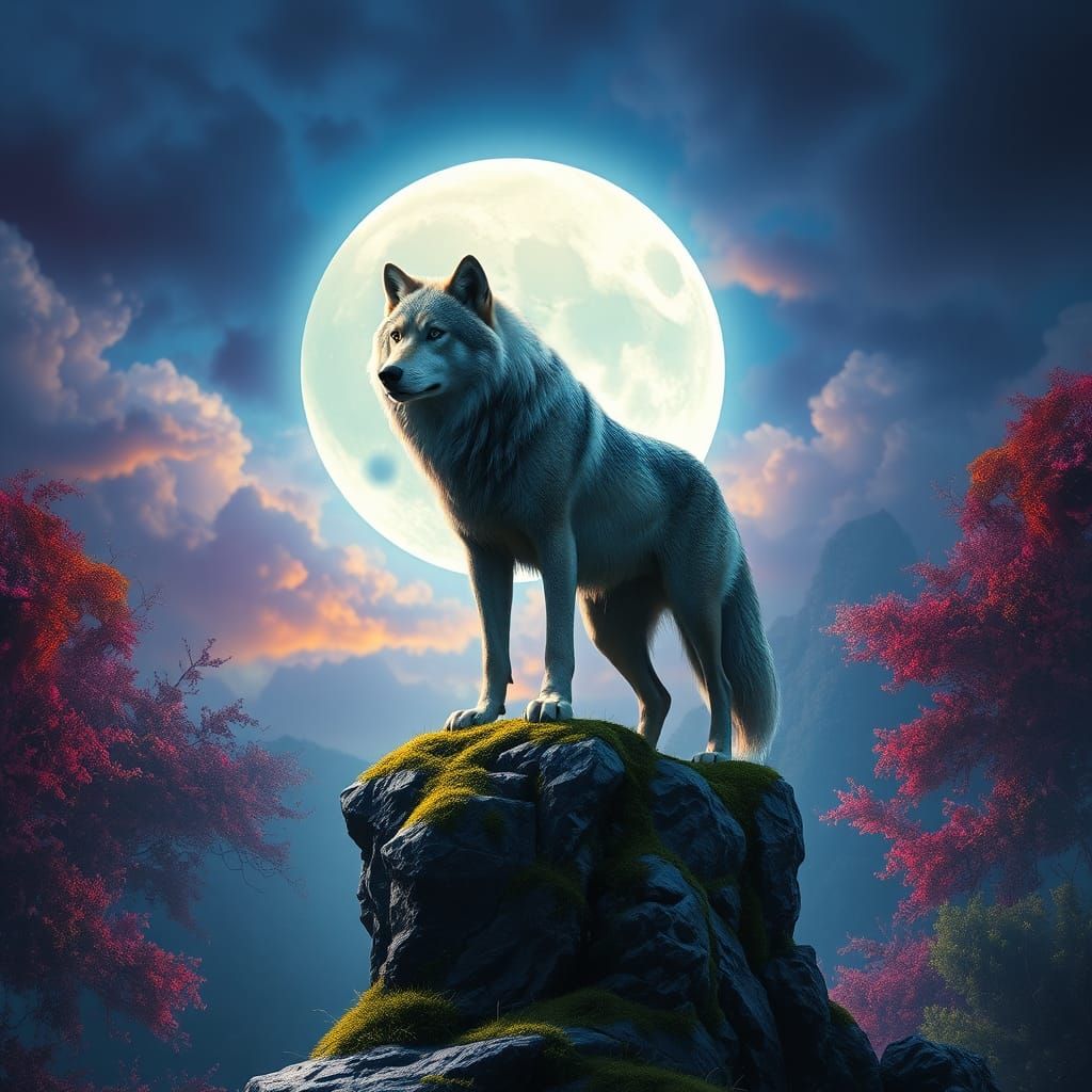 Wolf Under Full Moon in Fantasy Art Style