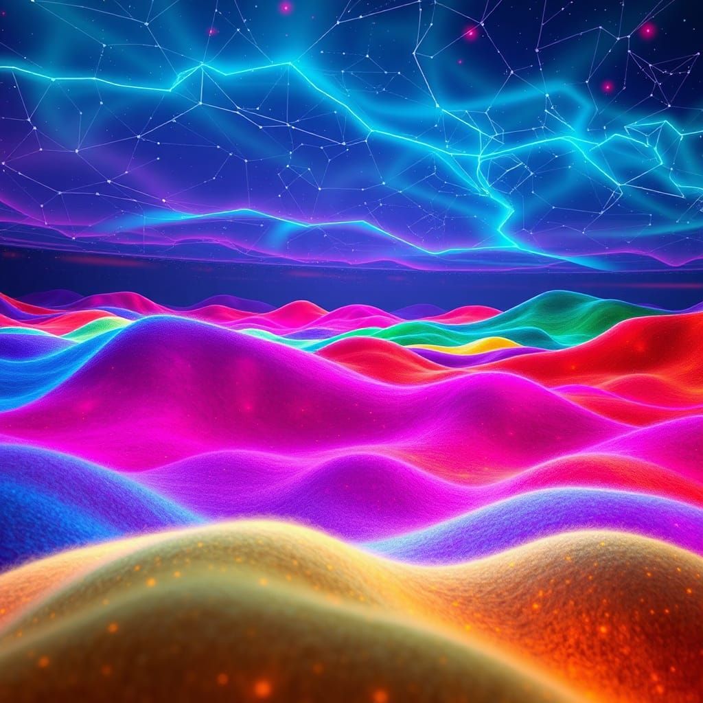 Luminous Futuristic Landscape with Colorful Threads