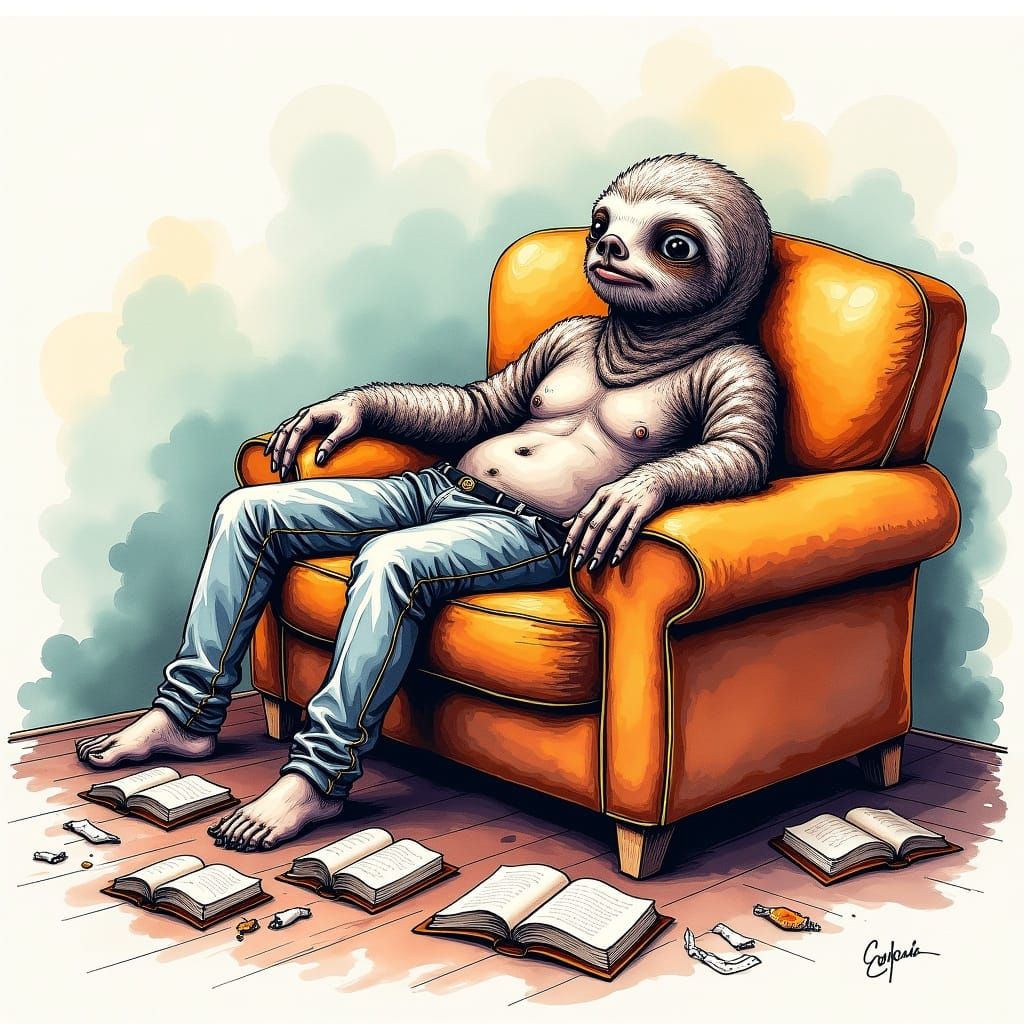 Figure on Couch with Flowing Ink Details