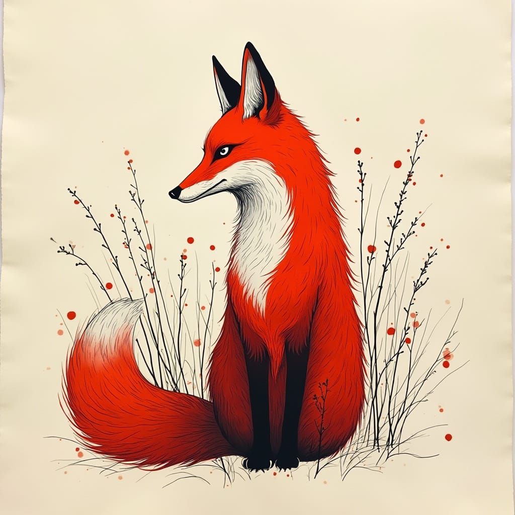 Surreal Fox in Bold Red and Black Ink on Parchment