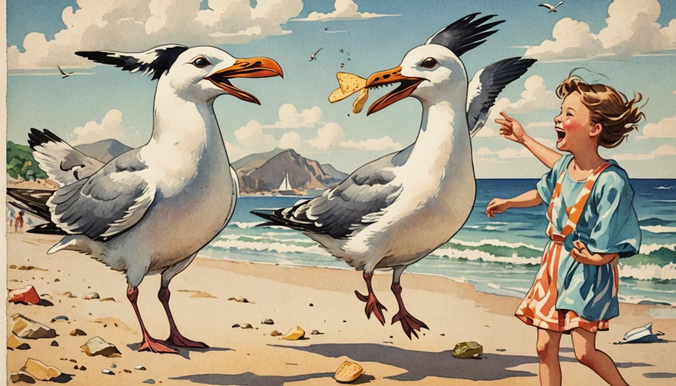 Laughing Seagull Steals Chip: Vintage Postcard Art