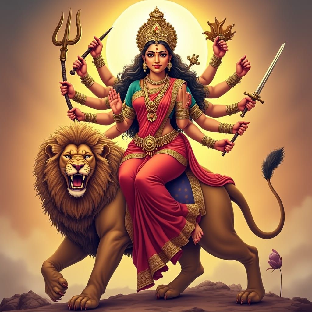 Goddess Durga Riding Lion, Hindu Epic Illustration