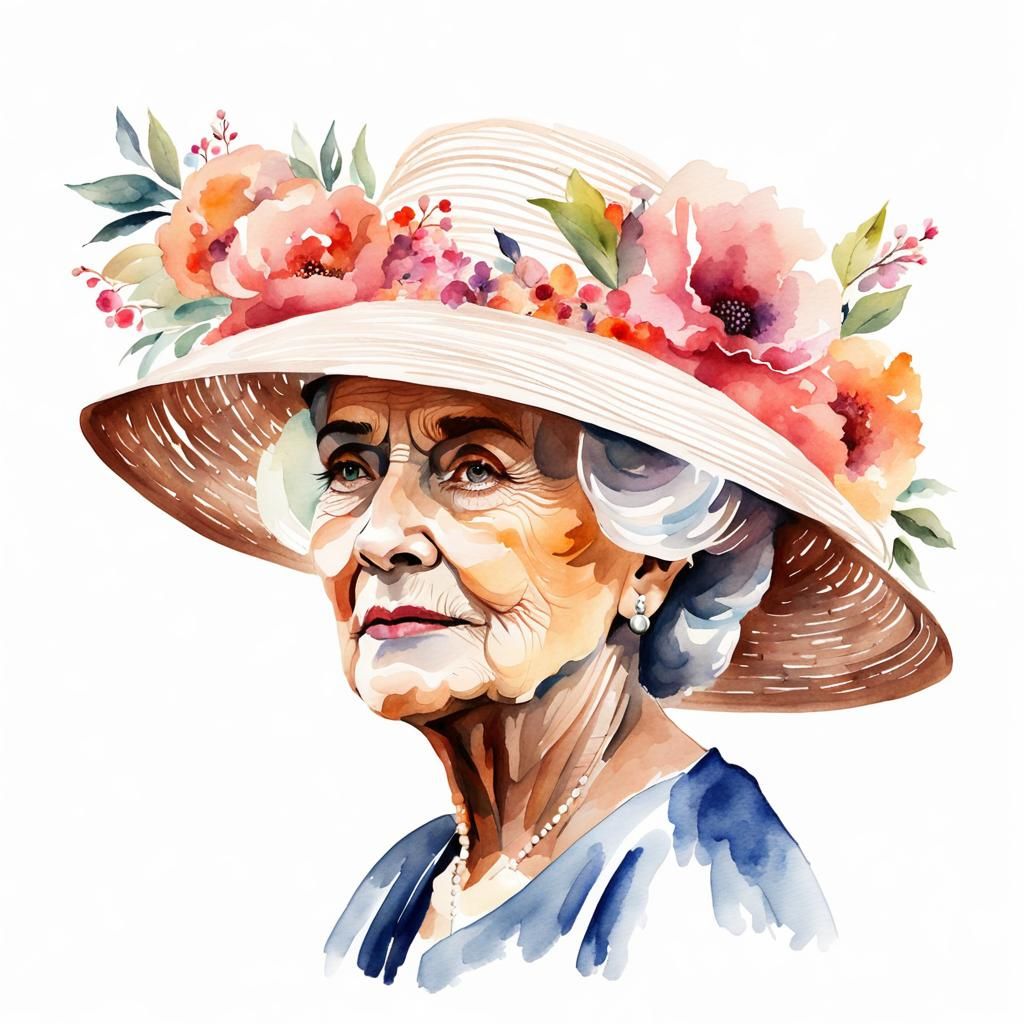 Elderly Woman in Floral Hat Watercolor Portrait