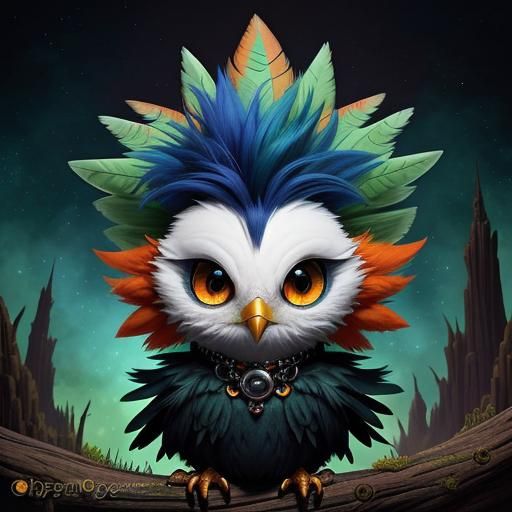 Cute Fluffy Bird with Mohawk in Gothic-Punk Style