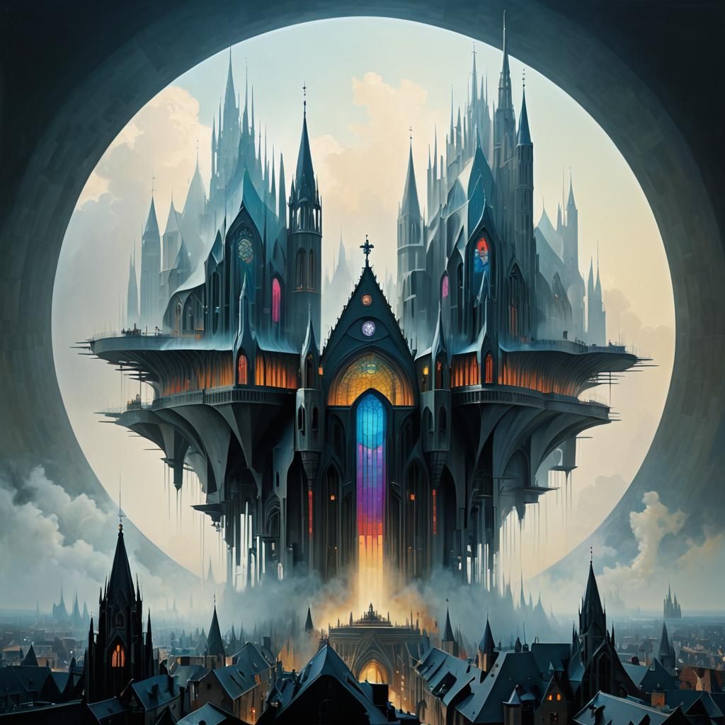 Futuristic Cathedral in Steampunk Art Deco Style