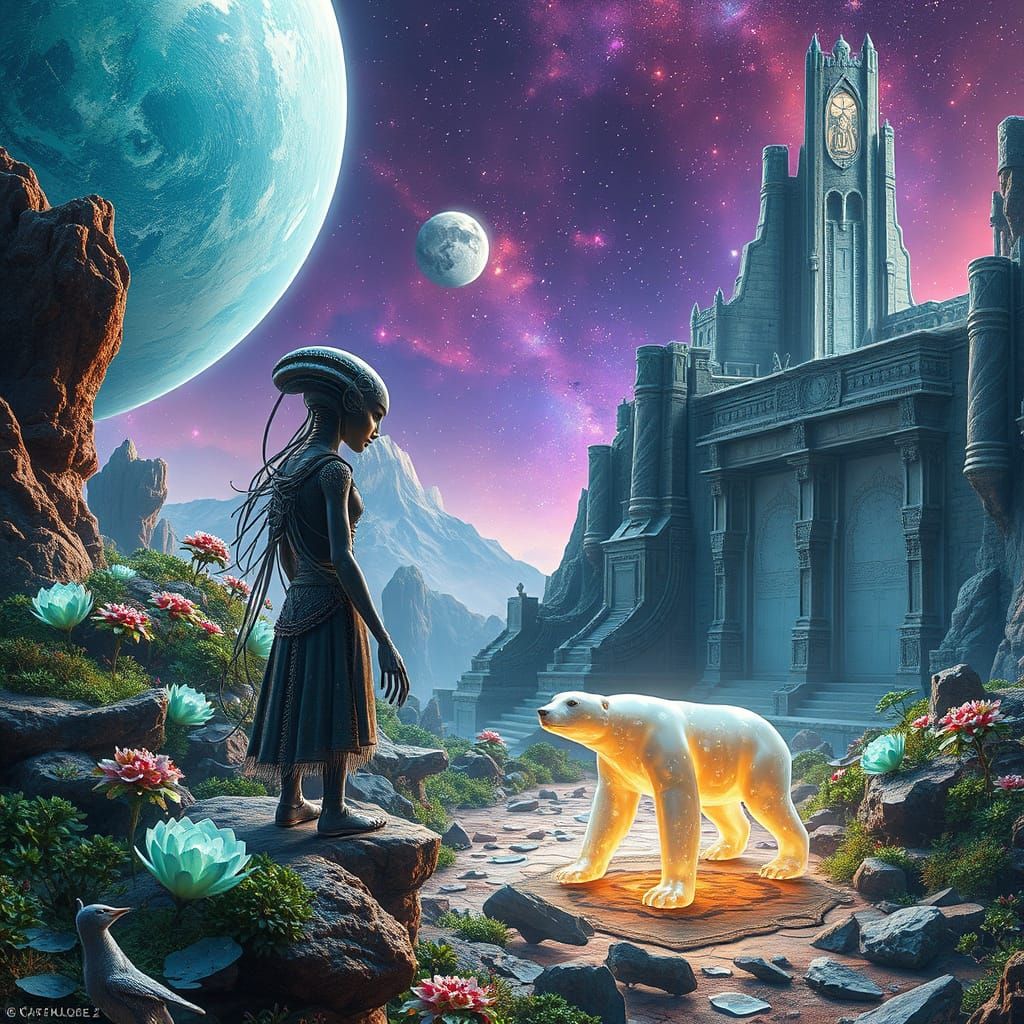 Luminous Alien World Meeting in Hyperrealistic Digital Art