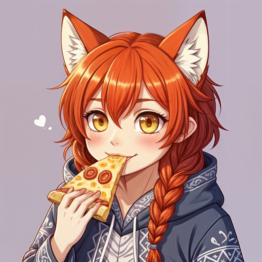 Whimsical Fox Girl Devours Pizza with Glee