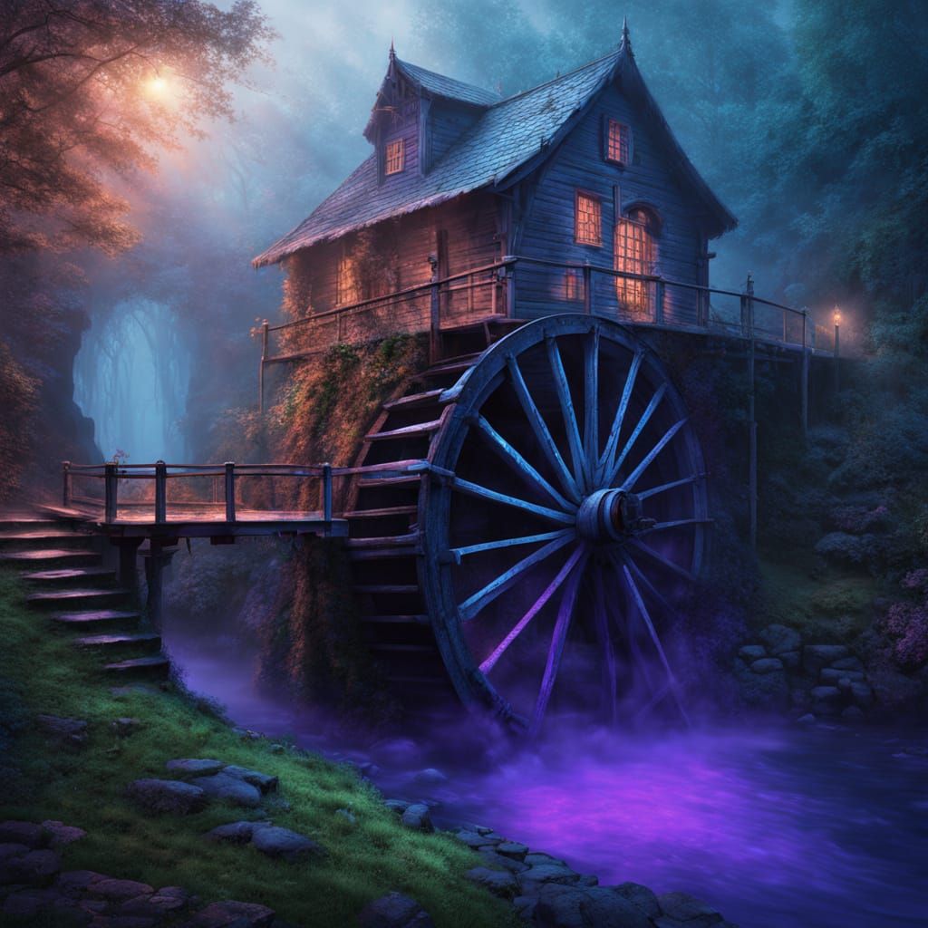 Mystical Waterwheel in Vibrant Pulp Comic Style