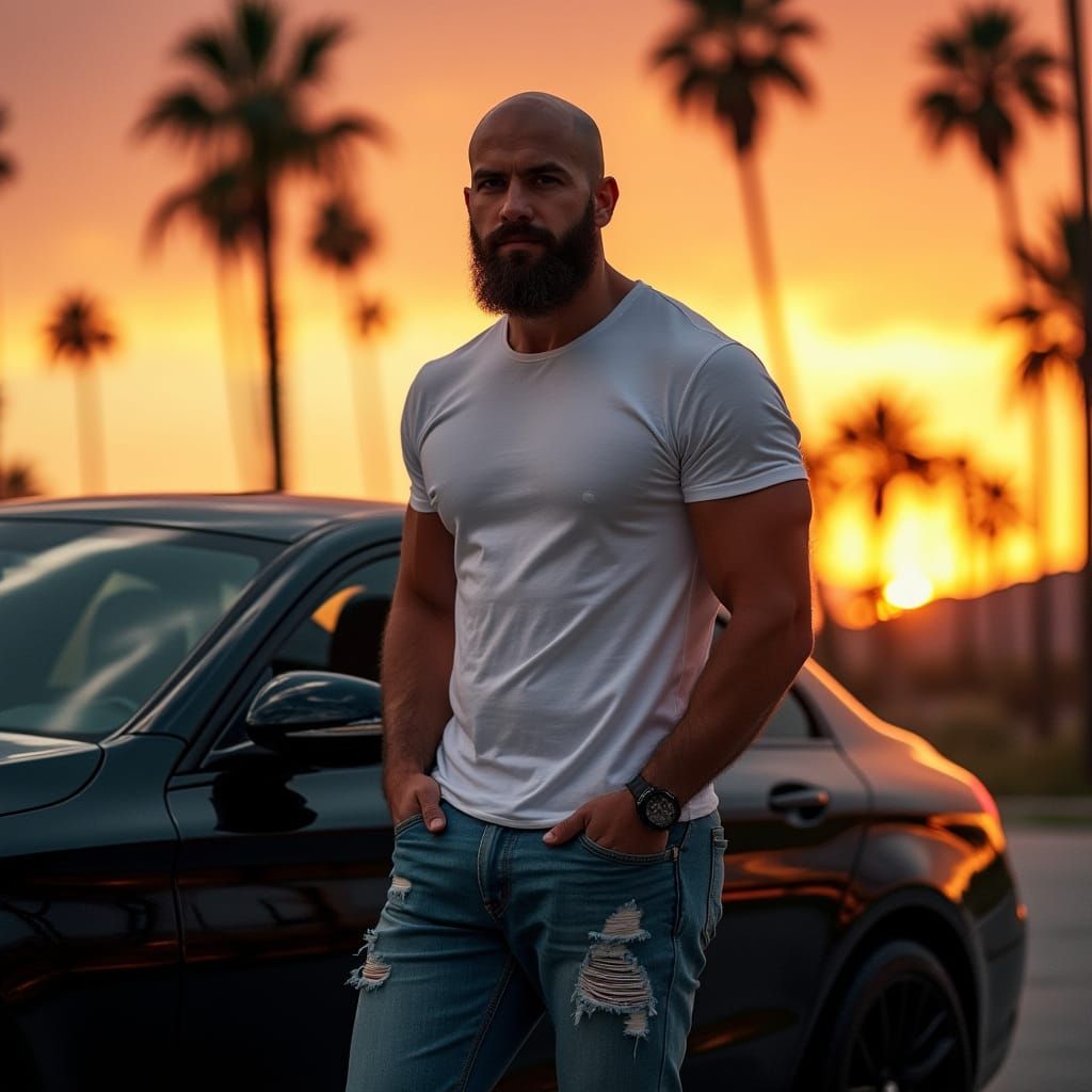 Rugged Bald Man Stands Behind Sleek Mercedes in Sunset Scene