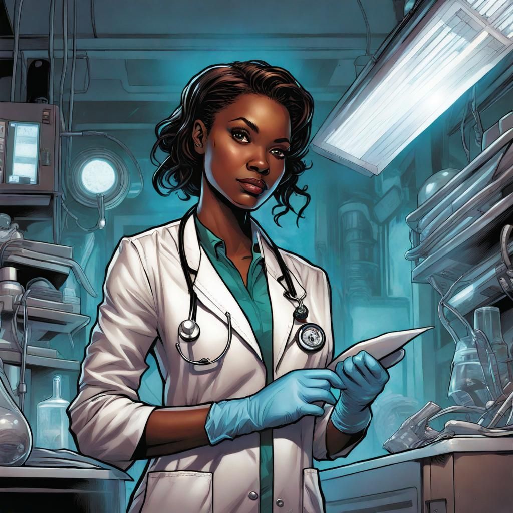 Ebony Doctor in Surgical Gloves as Comic Book Art