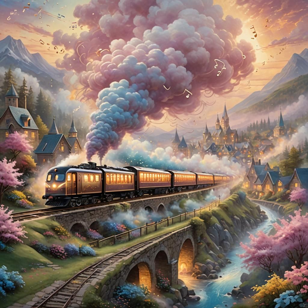 Magical Train Emitting Music Notes in Dreamy Landscape