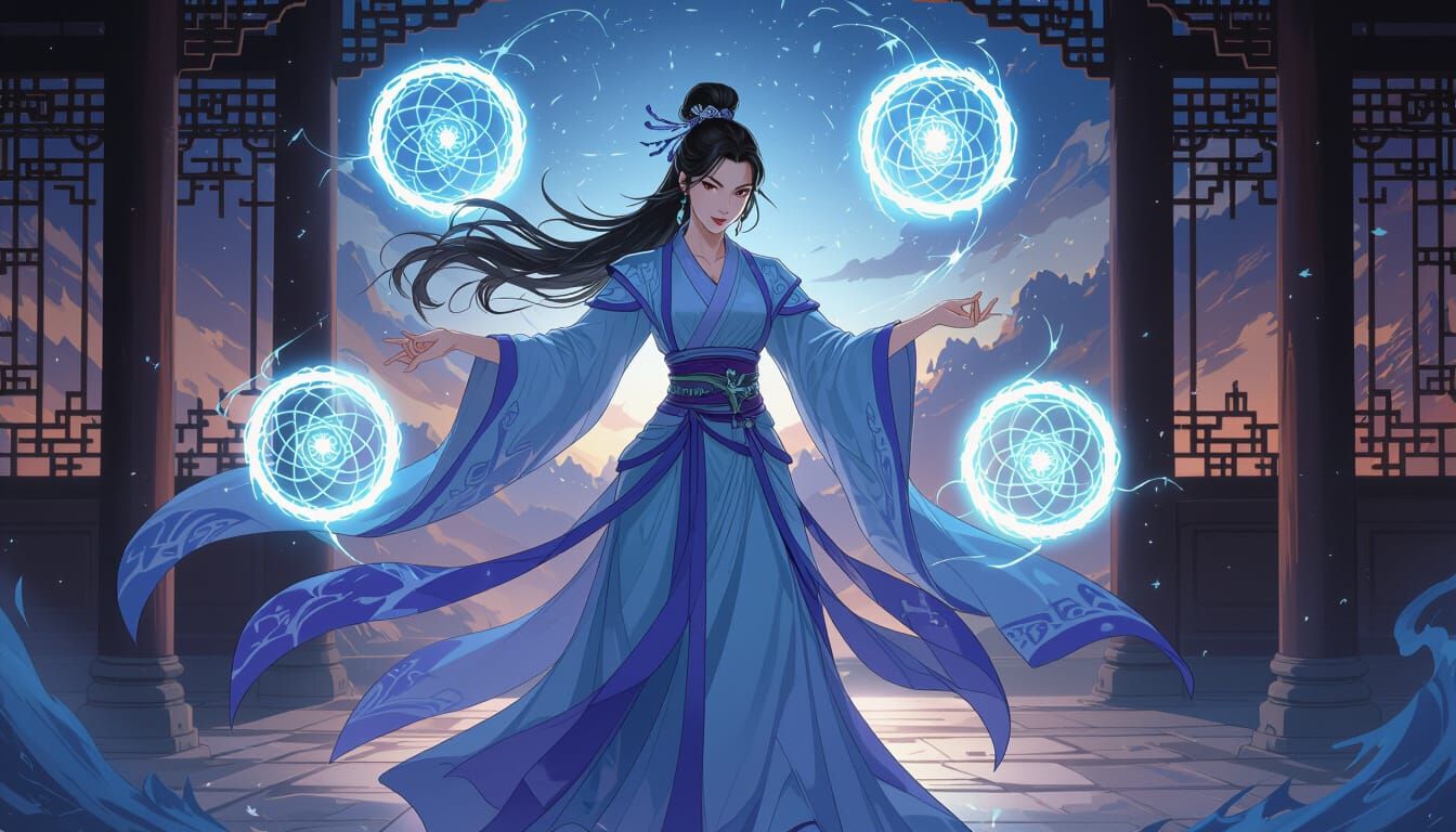 Wuxia Maiden Casting Spell with Mystical Chakram