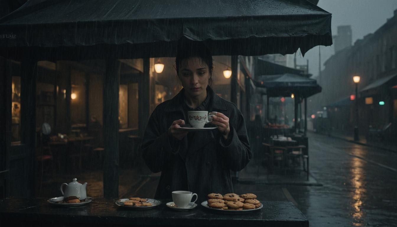 Rainy Night Tea Stand: Cinematic Film Still
