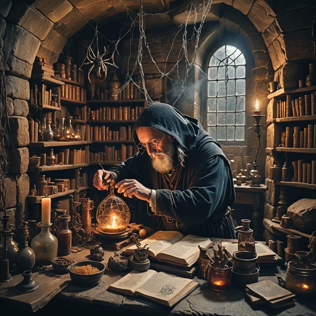 Medieval Alchemist's Laboratory: A Cinematic Still