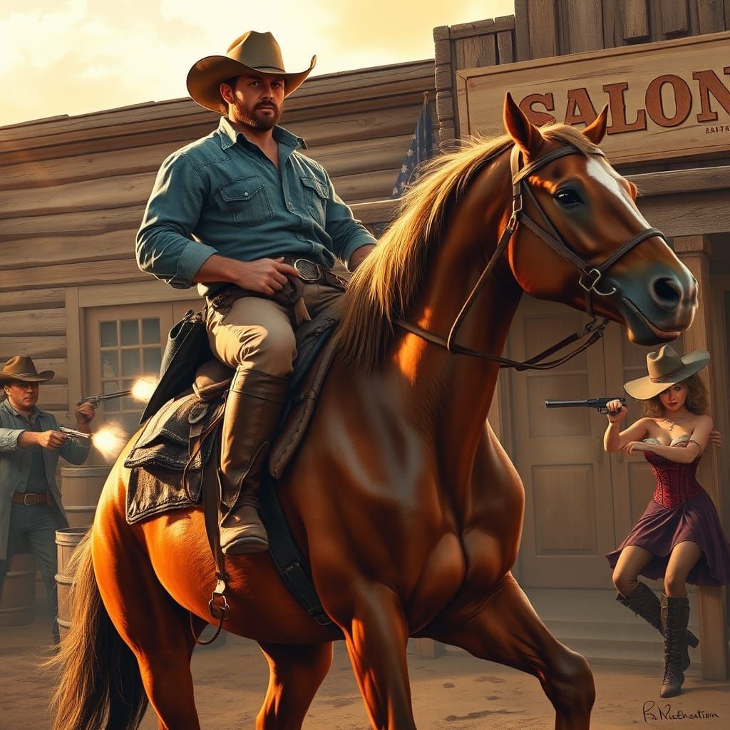 A Wild West scene with a cowboy on a horse in front of a sal...