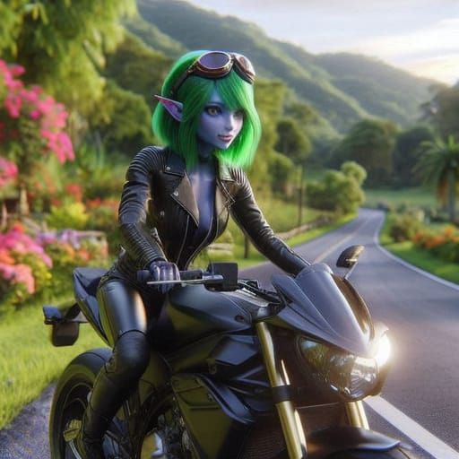 Female Homunculus Cruises Neon City in Vibrant Digital Paint...